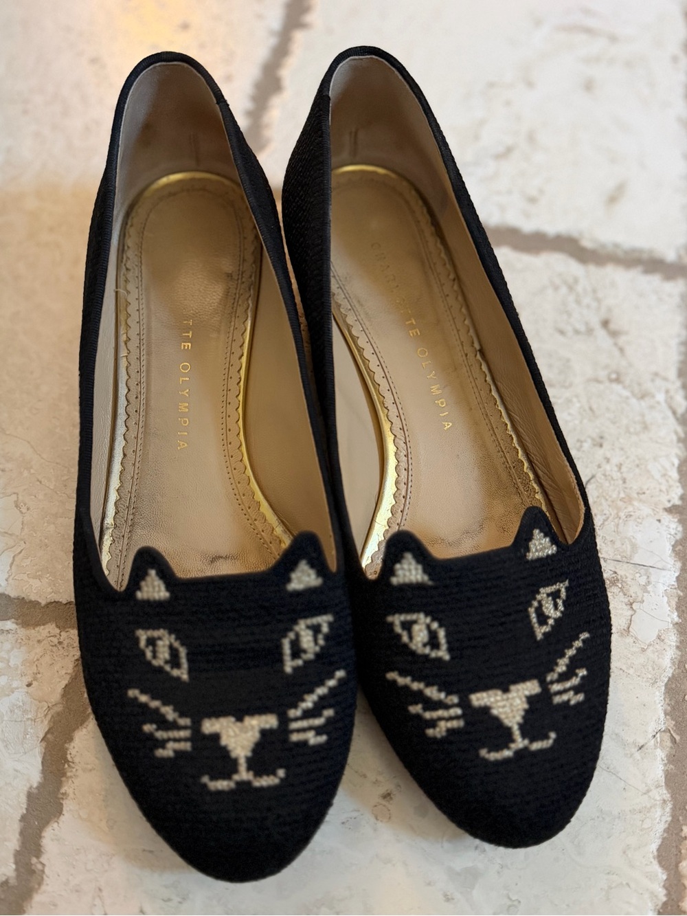 Charlotte Olympia Kitty Tweed Flats in Black and Gold